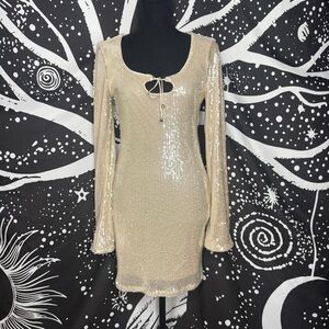Wild Fable Mini Cocktail Dress Womens S Beige Sequin Scoop Neck Bell Sleeve NWT